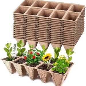 10 Pack Peat Pots Seed Starter Trays, 100 Cells Pods Seedling Plant Starter Tray Organic Germination Seedling Trays Biodegradable with 30 Plastic Plant Labels