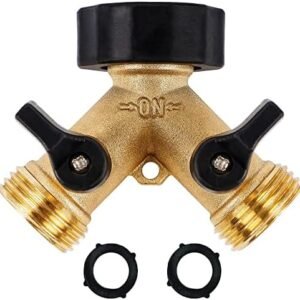 Biswing Garden Hose Splitter 2 Way, Heavy Duty Brass Connector Tap Splitter, Y Splitter 2 Valves with 2 Extra Rubber Washers