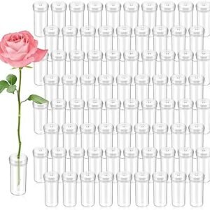 100 Pack 1.6'' Clear Plastic Flower Vials with Caps, Floral Water Tubes for Keeping Flowers Fresh
