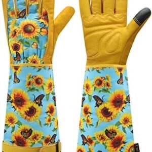 Gardening Gloves for Women - Long Thorn Proof Rose Pruning Garden Gloves, Cowhide Leather Gauntlet Gardening Gifts