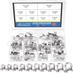 Glarks 50Pcs 7-18mm Stainless Steel Mini Fuel Injection Hose Clamps Adjustable Pipe Hose Clip Tube Clamps Assortment Kit (Hose Clamp Kit)