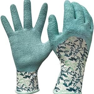 Long Cuff Stretch Knit Garden Gloves with Full Finger Latex Coating | Color: Greenery Pattern | Size: Medium