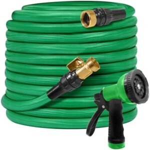 Garden Hose, Super Strong Green Garden Hose, Multi Purpose Hose with 8 Pattern Hose Spray Nozzle for Gardening, Cleaning