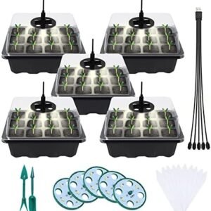 5 Pack Seed Starter Tray with Grow Light, Reusable Seedling Starter Kit with Air Vent Humidity Dome, 60-Cells Drain Hole Tray for Greenhouse Plant Seed Growing Germination Propagator (Black)