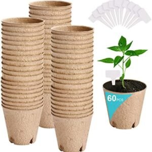 60 Packs 3.15 Inch Peat Pots for Seedlings, Biodegradable Seeds Starter Nursery Pots, Holes Round Seed Starter Pots for Plant Vegetables or Gardening Supplies with Bonus 10 Pcs Plant Labels.