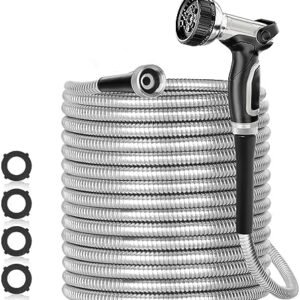 50ft 304 Stainless Steel Garden Hose Metal, Heavy Duty Water Hoses with Nozzles for Yard, Outdoor - Flexible, Never Kink & Tangle, Puncture Resistant