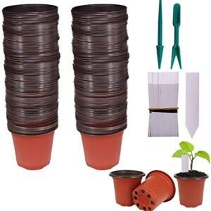 100 Pcs 4" Plastic Seedlings Plants Nursery Pots with 100 Pcs Waterproof Plastic Plant Tags and 2Pcs/Set Transplanting Digging Mini Tools