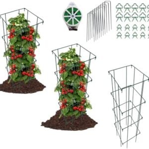 3 Packs 46 Inches Tomato Cages for Garden, Square Heavy Duty Metal Folding Plant Support, Garden Trellis for Tomato, Cucumber, and Other Climbing Plants, Green