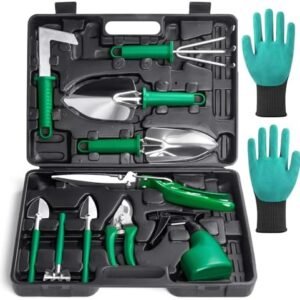 Garden Tools Set, 11 Pieces Stainless Steel Gardening Tools with Trowel Rake Weeder Pruner Shears Sprayer Digging Claw Gloves, Garden Hand Tools with Carrying Case Gardening Gifts for Women