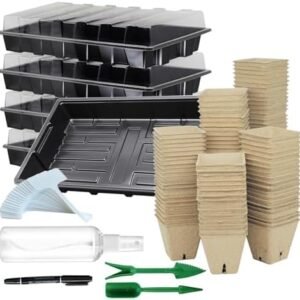 Seed Starter Kit with 100 Peat Pots for Seedlings Seed Starter Tray, 5 Plastic Growing Trays 20 Plant Labels & 3 Garden Tools Outdoor or Indoor