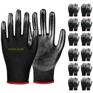 Safety Work Gloves,12 Pairs,With Nitrile Coated Palms for Excellent Grip and Protection,Suitable for Both Men and Women and Ideal for General Work. Black, Medium.
