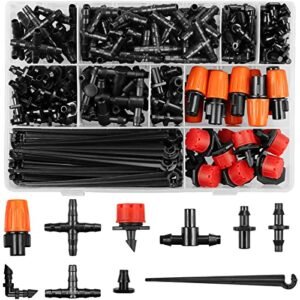 Drip Irrigation Fittings Kit for 1/4" Tubing, 240 Pcs Drip Line Connectors for Drip Systems - Nozzles, Micro Drips, Single barbs, 4 Way Connectors, Tees, Couplings, End Plugs, Elbows, Hose Stakes