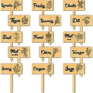 arricraft 15 Pcs Plant Labels, Wooden Herb Markers Herb T Type Tags Garden Labels with Printed Herb Name Wood Garden Stakes for Indoor and Outdoor Potted Seed Herbs