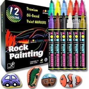 Rock Painting Perfection Markers Pens: 12 Vibrant Colors - Permanent, Oil-Based, Waterproof, Fade-Resistant, Non-Toxic - Precision Tips for Brilliant Stone Art