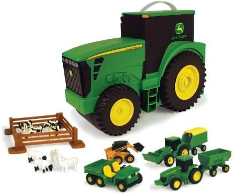 John Deere Value Set and Carrying Case - Portable Tractor-Shaped Carrying Case with 10 Compartments - Farm Toys - 18 Count - 3 Years and Up,Black/ Green/ Yellow