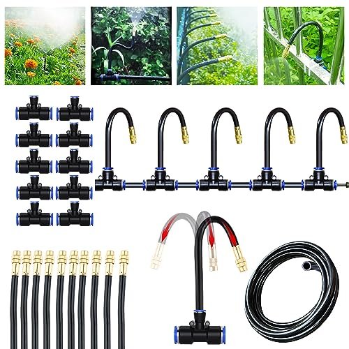 Greenhouse Drip Irrigation Kit Automatic Irrigation System 360°Adjustable 10 Brass Spray Nozzles 1/4 inch Irrigation Tubing Hose Patio Misting Plant Watering with 33Ft Blank Distribution Tubing Hose
