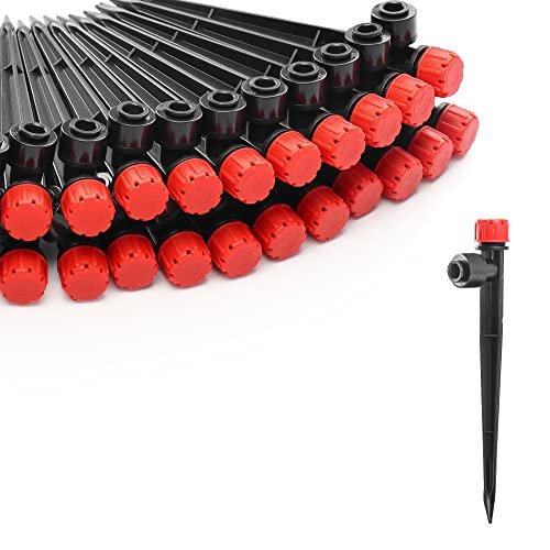 60PCS Easy-Connect Drip Irrigation Emitters for 1/4 inch Irrigation Tubing, Adjustable Water Flow Drip Emitters with Stake, 360°Sprayer for Irrigation System Watering Kits