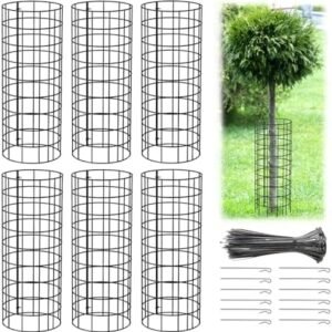 6 Pack Steel Tree Trunk Protectors with Zip Ties and Metal Stakes - Effective Garden Defense Bark Protection and Deer/Trimmer/Mower Prevention - Tree Wrap Cage for Healthy Trees