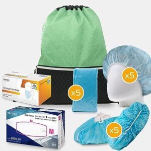 Tronex All-in-One Disposable PPE Kit for Home Health, Workplace, and Classroom Including Vinyl Exam Gloves, Isolation Gowns, Medical Face Masks, Shoe Covers, Hairnets (Large)