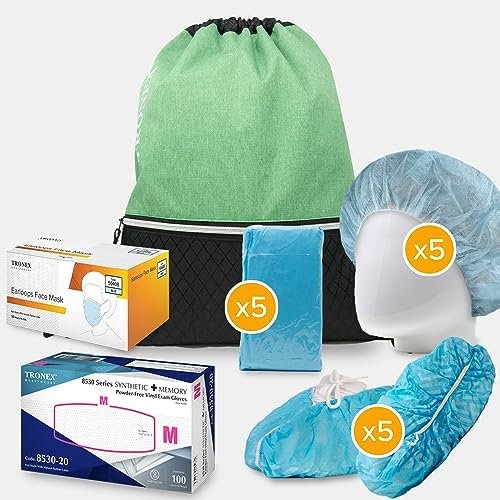 Tronex All-in-One Disposable PPE Kit for Home Health, Workplace, and Classroom Including Vinyl Exam Gloves, Isolation Gowns, Medical Face Masks, Shoe Covers, Hairnets (Large)