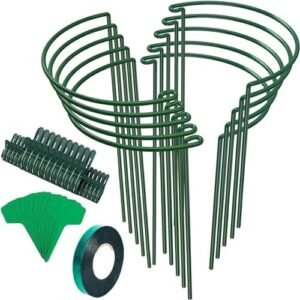Unves 10 Pack Plant Stakes, 10" W x 16" H High Half Round Metal Peony Cages and Supports with Plant Labels, Clips and Ties, Green Garden Plant Support Ring for Outdoor Plants Tomato, Flowers Vine