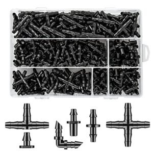 300 Pcs Barbed Connectors Drip Irrigation Fittings Kit, 1/4" Drip Irrigation Kit for Garden Flower Pot Greenhouse Lawn (Straight Barbs,Single Barbs,Tees,Elbows,End Plug,4-Way Coupling)