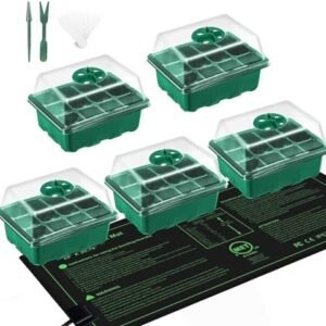 Seedling Heat Mat with 5 Pack Seed Starter Kit, 12-Cell Seed Starter Trays with Humidity Domes and Cell Trays, Hydroponic Heating Pad for Indoor Home Gardening Plant Germination Trays
