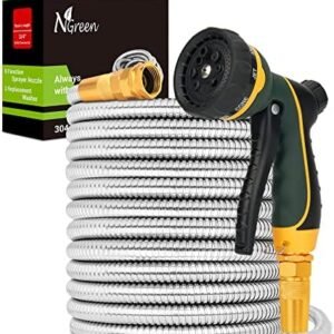 NGreen Stainless Steel Garden Hose - Flexible Metal Water Hose with Nozzle, Puncture, Rust Proof and Corrosion Resistant, Never Kink and High Pressure, Collapsible and Easy to Store (50FT)