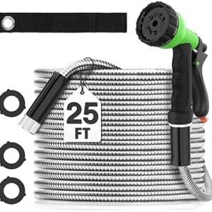 25FT Flexible Metal Garden Hose Lightweight 304 Stainless Steel Water Hose with with 10 Function Solid Fittings and Sprayer Nozzle - Leak Proof, Kink Free, Anti-rust