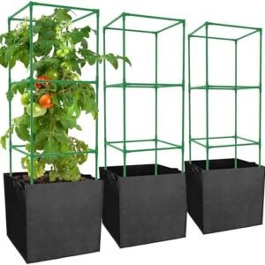 3 Packs 47 x 16 x 16 Inch Garden Tomato Cages with 17.7 Gallon Grow Bags- Square Plant Support Trellis Assembled with Planter Bags- Garden Cucumber Vegetables Frames for Vertical Climbing Plants