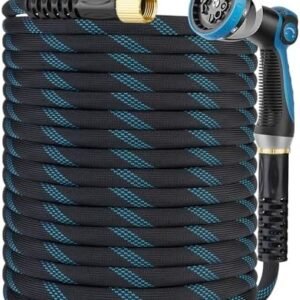 100FT Garden Hose, Non-Expandable Flexible Water Hose with 10-Pattern Spray Nozzle, Lightweight Hose Pipe, Kink-Resistant, Leak-Proof, Extended Protector & 3/4" Solid Brass Alloy, Super Fabric