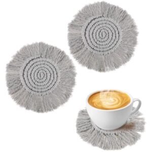 Handmade Boho Coasters, Woven Macrame Absorbent Coasters for Drinks, Heat-resistant Farmhouse Desk Fabric Coasters for Coffee Table Office Decor Housewarming Gift 2pcs Grey