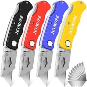 4 Pack Folding Utility Knife with Extra 10Pcs Blades, Box Cutters for Home, Office, Warehouse, Durable Razor Knife, Box Knife, Box Opener, Small Box Cutter with Clip, Navajas de Trabajo