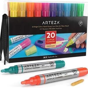 Arteza Acrylic Paint Markers, Set of 20 Acrylic Paint Pens in Assorted Colors, Art & Craft Supplies, Use on Canvases for Painting, Glass, Pottery, Plastic, and Rock