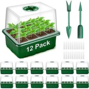 Seed Starter Tray - 12 Pack 144 Cells Seed Starter Kit, Adjustable Humidity, High Dome & Base, Ideal for Garden Seed Growing & Starting, Greenhouse Grow Trays