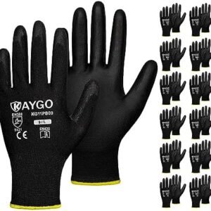 KAYGO Safety Work Gloves PU Coated-12 Pairs, KG11PB, Seamless Knit Glove with Polyurethane Coated Smooth Grip on Palm & Fingers, for Men and Women, Ideal for General Duty Work (Large, Black)