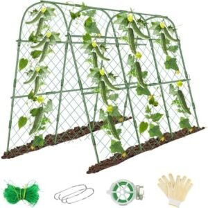 Cucumber Trellis for Raised Beds, 63 x 47 Inch Garden Arch Trellis for Climbing Plants Outdoors with Climbing Net, Detachable Cucumber Trellis Support for Tomato, Squash, Zucchini