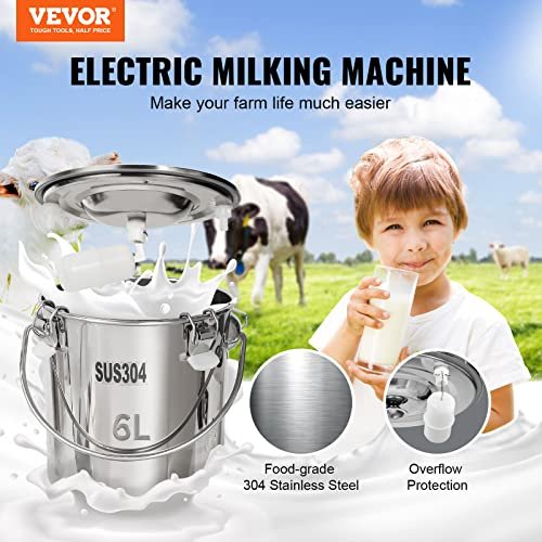 Goat Milking Machine, 6 L 304 Stainless Steel Bucket, Electric Automatic Pulsation Vacuum Milker, Portable Milker with Food-Grade Silicone Cups and Tubes, Adjustable Suction for Cows and Sheep - Image 2
