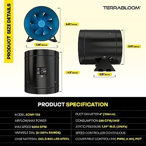 TerraBloom 6 Inch Inline Fan ECMF-150 - Quiet HVAC Grow Tent Fan with 0-100% Variable Speed Duct Fan Speed Controller, Premium Metal Casing 40-75% Energy Efficient EC Motor - For Large Spaces - Image 5