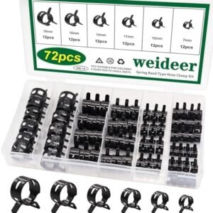 weideer 72pcs - (6 Sizes) Spring Hose Clamps Fuel Line Silicone Vacuum Hose Low Pressure Air Clamps & Sleeving Automotive Replacement Fastener Assortment Kit (12 x 7mm 10mm 11mm 14mm 16mm 18mm) Black