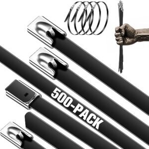 Black Metal Zip Ties Bulk, 500pcs 304 Stainless Steel Zip Ties, 11.8 Inch Heavy Duty Self-locking Cable Ties, Perfect for Farms, Machinery, Pipes, Vehicles, Roofs, Cables and Etc