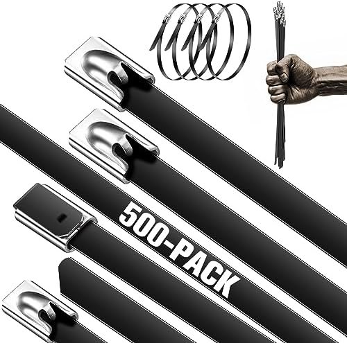 Black Metal Zip Ties Bulk, 500pcs 304 Stainless Steel Zip Ties, 11.8 Inch Heavy Duty Self-locking Cable Ties, Perfect for Farms, Machinery, Pipes, Vehicles, Roofs, Cables and Etc