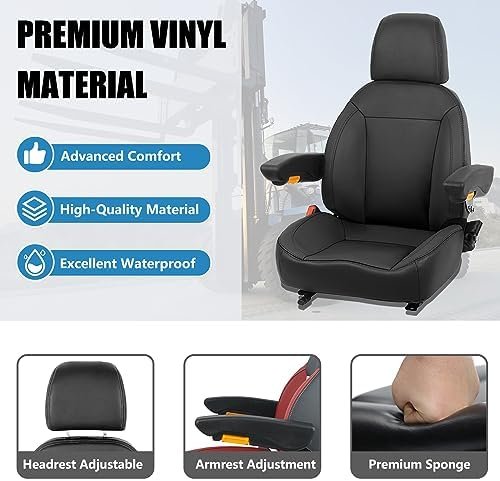 Universal Forklift Seat, Tractor Seat with Retractable Seatbelt and Adjustable Backrest Headrest Armrests for Excavator Harvester Loader Backhoe Dozer Telehandler(Black) - Image 3