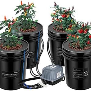 VIVOSUN DWC Hydroponics Grow System with Top Drip Kit, 5-Gallon Deep Water Culture, Recirculating Drip Garden System with Multi-Purpose Air Hose, Air Pump, and Air Stone (4 Buckets + Top Drip Kit)