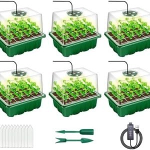 Daktenn Seed Starter Tray with Grow Light, 6 Pack Thicken Seed Starter Kit with Humidity Domes Heightened Lids, Covers Height 4.3", Timing Controller Adjustment Brightness