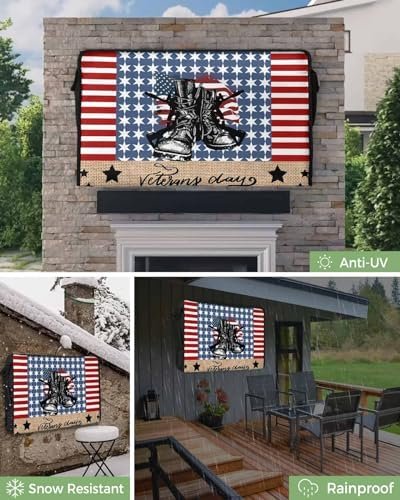 4th of July Outdoor TV Cover 32 Inch Veteran Soldier Boots TV Enclosure Independence Day American Flag TV Covers for Outside TV Display Screen Protector with Remote Control Pocket - Image 2