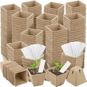 120 Pieces Peat Pots Plant Starters 2.3 Inch Square Peat Pots for Herb Seedlings Garden Germination Nursery Pots Organic Germination Plant Starter with Plant Markers Labels for Plants Supplies