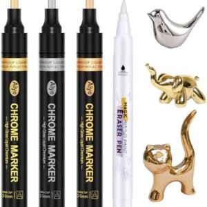 JDiction Liquid Mirror Chrome Markers 4 PACK, 3 Colors Permanent Metallic Markers & 1 Clean Pen, 2-5mm Large Application Area, High Gloss, Waterproof, Chrome Paint Marker for Crafts, DIY, Painting