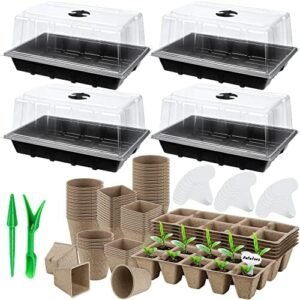 4 Pack Seed Starter Tray Set Plants Growing Trays Peat Pots for Seedlings with Seed Starter Pots, Plastic Germination Tray, Plant Labels, Tool for Flower Vegetable Planting, Black