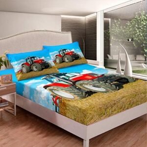 Boys Tractor Printed Bedding Set Men Construction Cars Pattern Bed Sheet Set for Kids Children Red Heavy Machinery Vehicles Fitted Sheet Farm Theme Bed Cover Room Decor Full Size